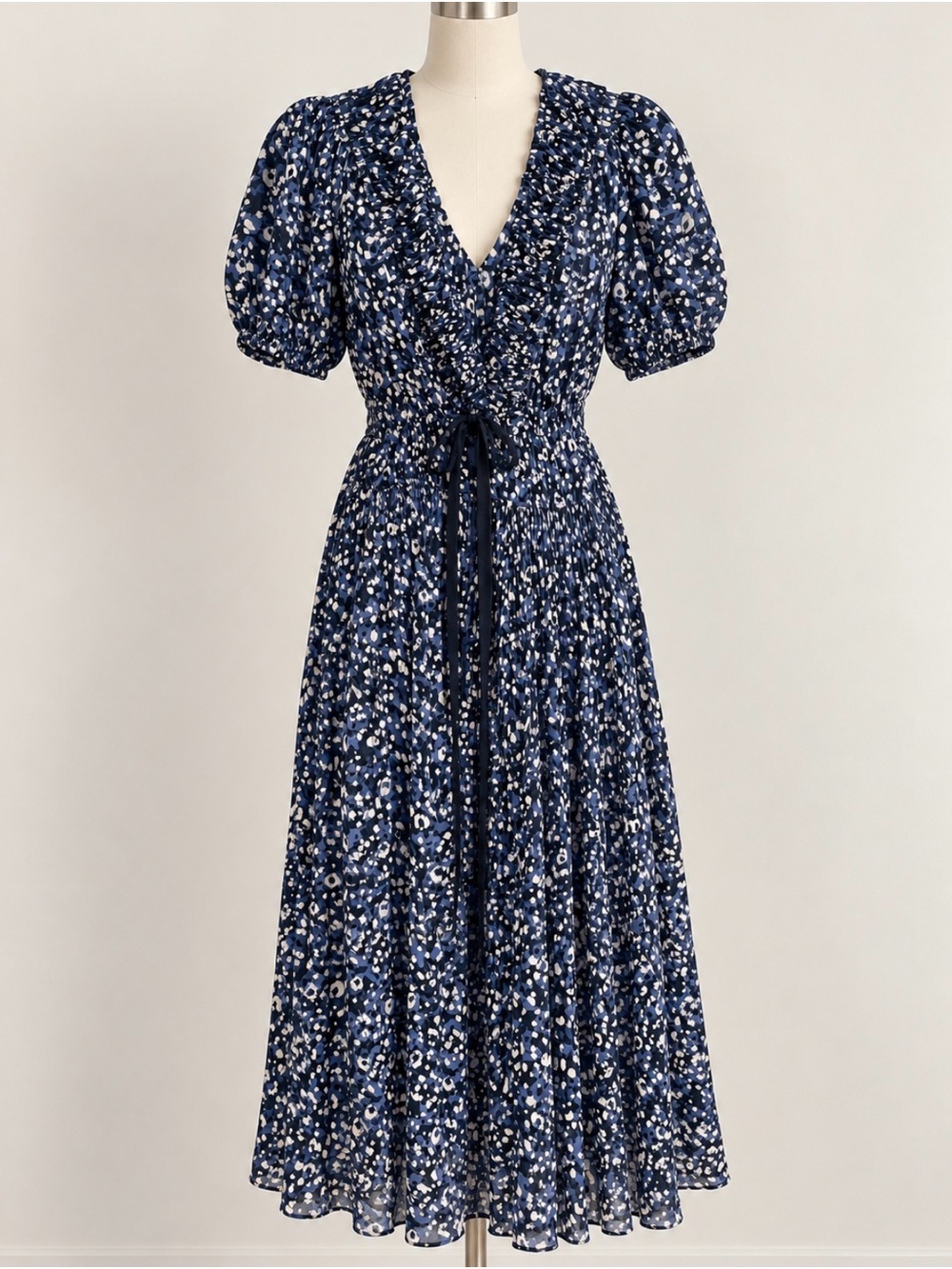 Ulla Johnson Navy and White Floral V-Neck Midi Dress with Tie Waist